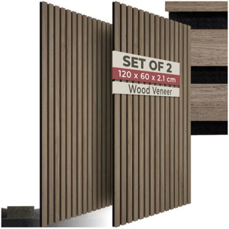 Image of Tectake Acoustic Wall Panels With Wood Veneer Slats, Thick Felt And Easy To Install Set Of 2 - Dark Oak