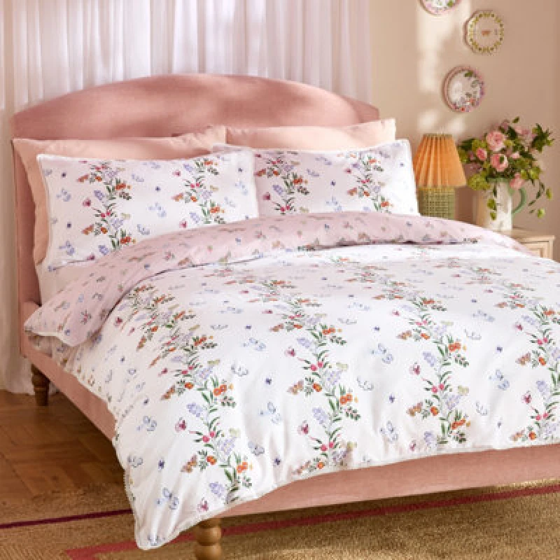 Image of Cath Kidston Flutter Floral Reversible Cotton Single Duvet Cover Set With Pillowcase Pink