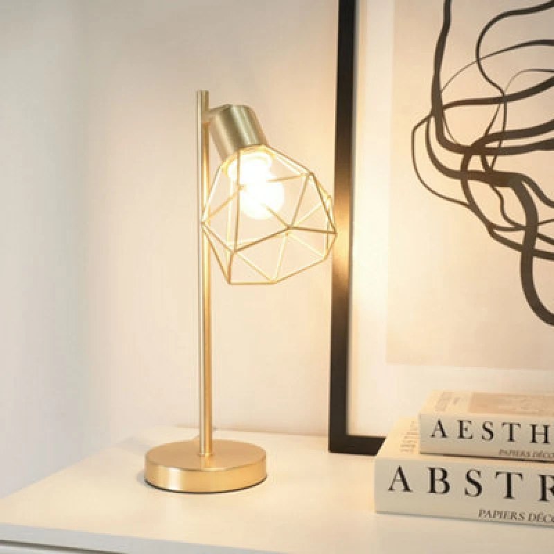 Image of ValueLights Angus Metal Geometric Basket Shade Table Lamp with LED Bulb Gold