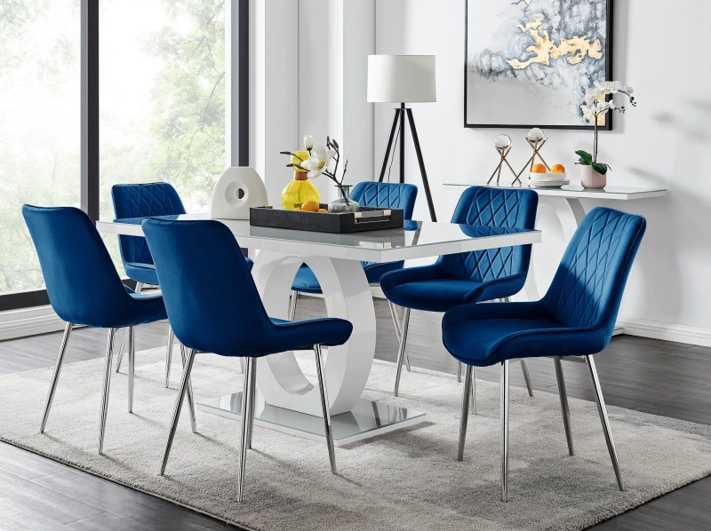 Image of FurnitureboxUK FurnitureboxUK Giovani 6-Seater Grey Glass Dining Table and 6 Pesaro Soft Velvet Dining Chairs in Navy Navy One Size Unisex 50565426652