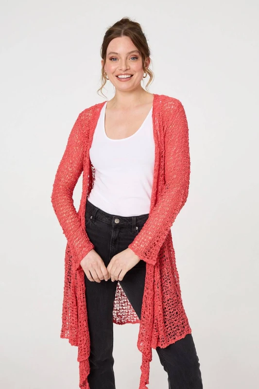 Image of Izabel London Womens Crochet Knit Longline Waterfall Cardigan in Pink Pink Female One Size