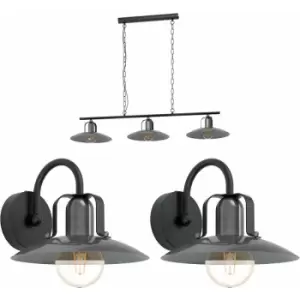 Image of 3 Bulb Ceiling Pendant & 2x Matching Wall Lights Antique Nickel Shade Linear
