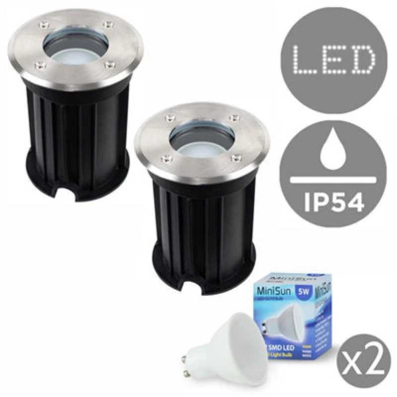 Image of Valuelights Pack Of 2 Bushed Chrome Ip54 Rated Outdoor Garden Walk Over Lights Complete With 5W Gu10 LED Bulbs 3000K Warm White