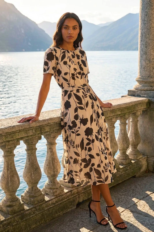 Image of Roman Womens Floral Print Pleat Neck Midi Dress in Cream Size: 16 Cream Female 16