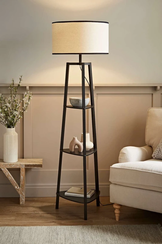 Image of ValueLights ValueLights Hiru Black 3 Tier Wood Shelf Floor Lamp with Trimmed Linen Drum Shade Black One Size Unisex 5059406056901