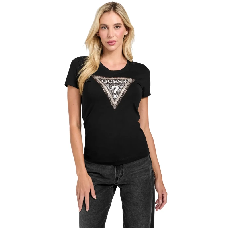 Image of Guess Womens T-Shirt Guess Triangle Python Noir Female M