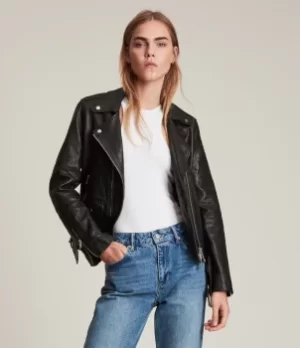 Image of AllSaints Womens Dren Leather Biker Jacket, Black, Size: 12