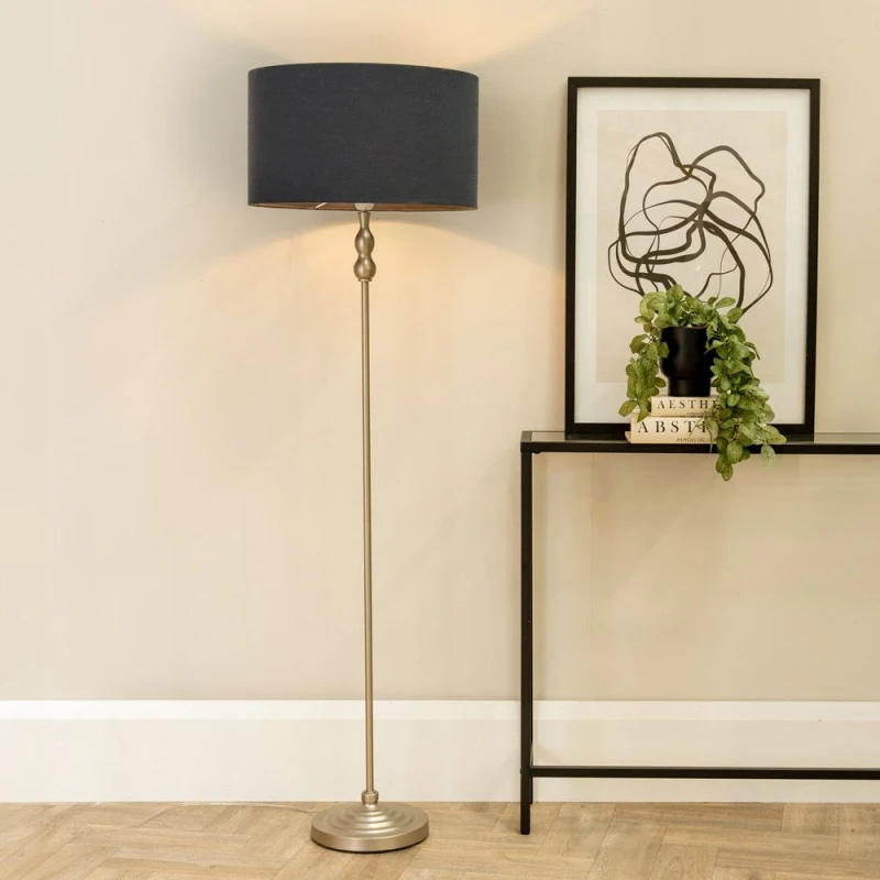 Image of ValueLights Maggie Brushed Chrome Silver Candlestick Floor Lamp with Fabric Lamp Shade Grey