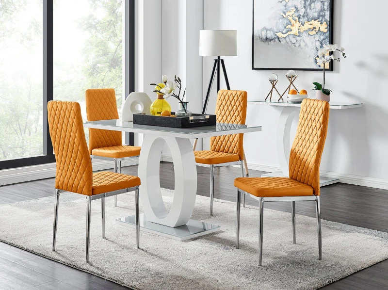 Image of FurnitureboxUK FurnitureboxUK Giovani Grey White Modern High Gloss And Glass Dining Table And 4 Milan Chairs Set in Mustard Mustard One Size Unisex 50