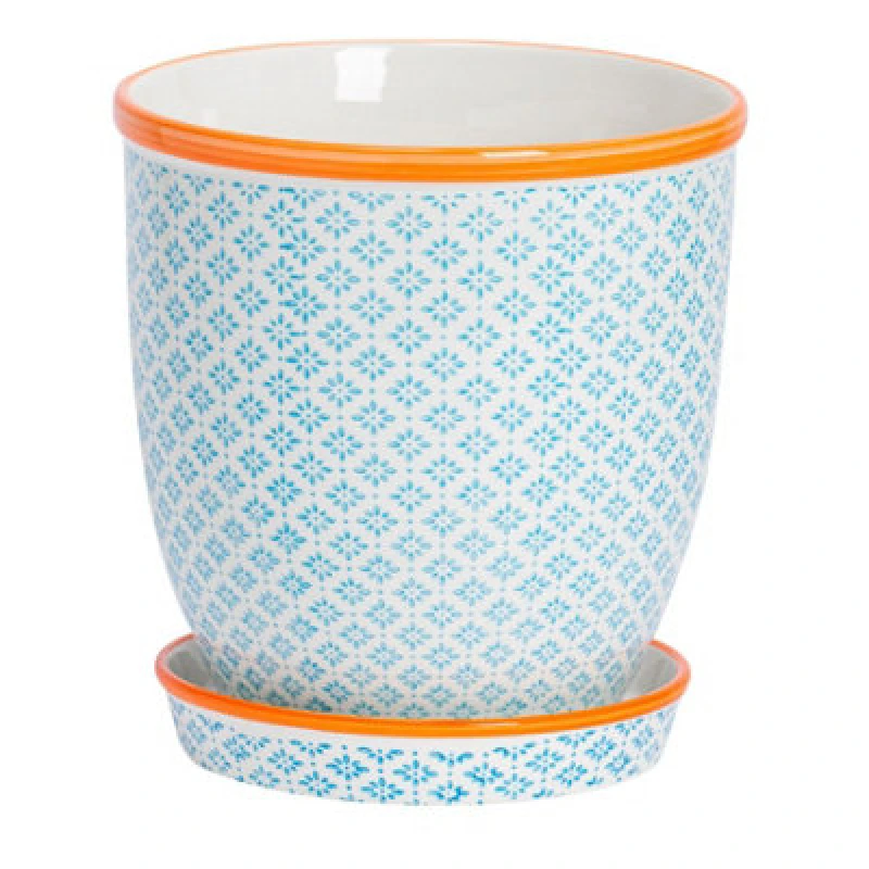 Image of Nicola Spring Hand-Printed Plant Pot With Saucer - 20.5Cm - Blue
