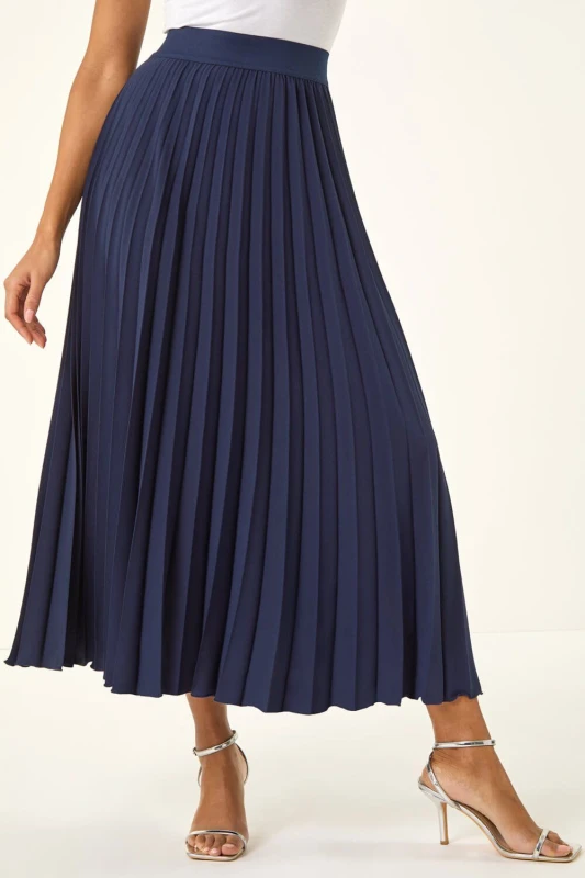 Image of Roman Pleated Elastic Waist Maxi Skirt Navy