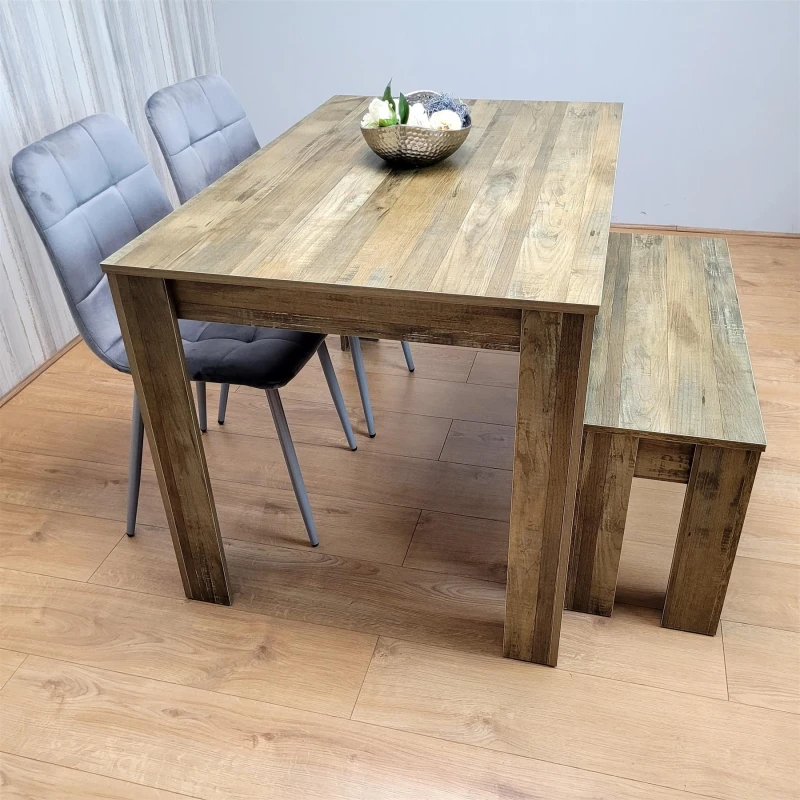 Image of KOSY KOALA KOSY KOALA Dining Table Set for 4 Rustic Effect Dining Table With 2 Grey Velvet Chairs and 1 Matching Bench in Brown Size: 140cm x 80cm B