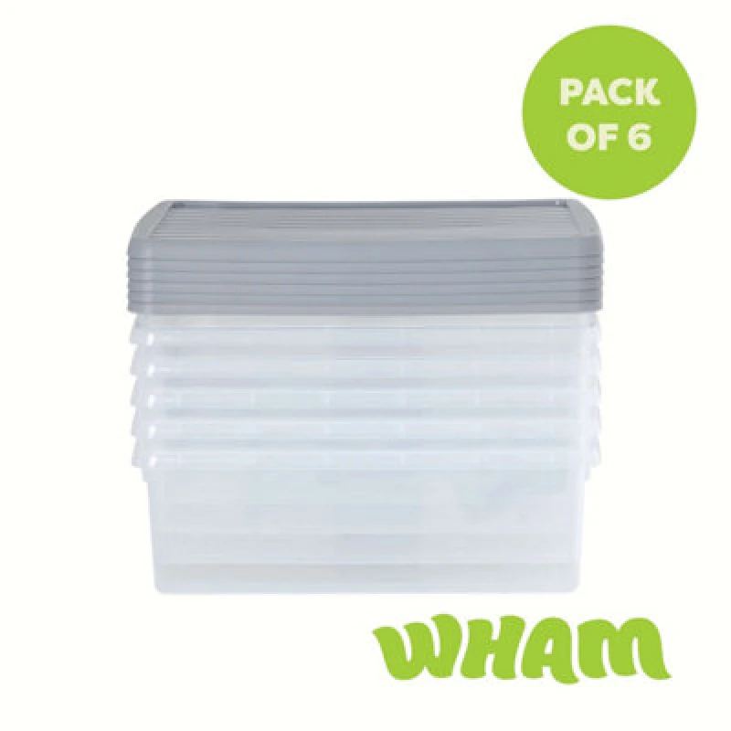 Image of 6 X Wham Box 23.5L Stackable Plastic Storage Box & Lid Clear/steel