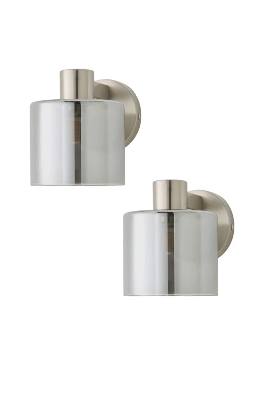 Image of ValueLights Demi Pair of Smoked Glass Cup Wall Lights with Bulbs in Metallic Silver Metallic Silver Unisex