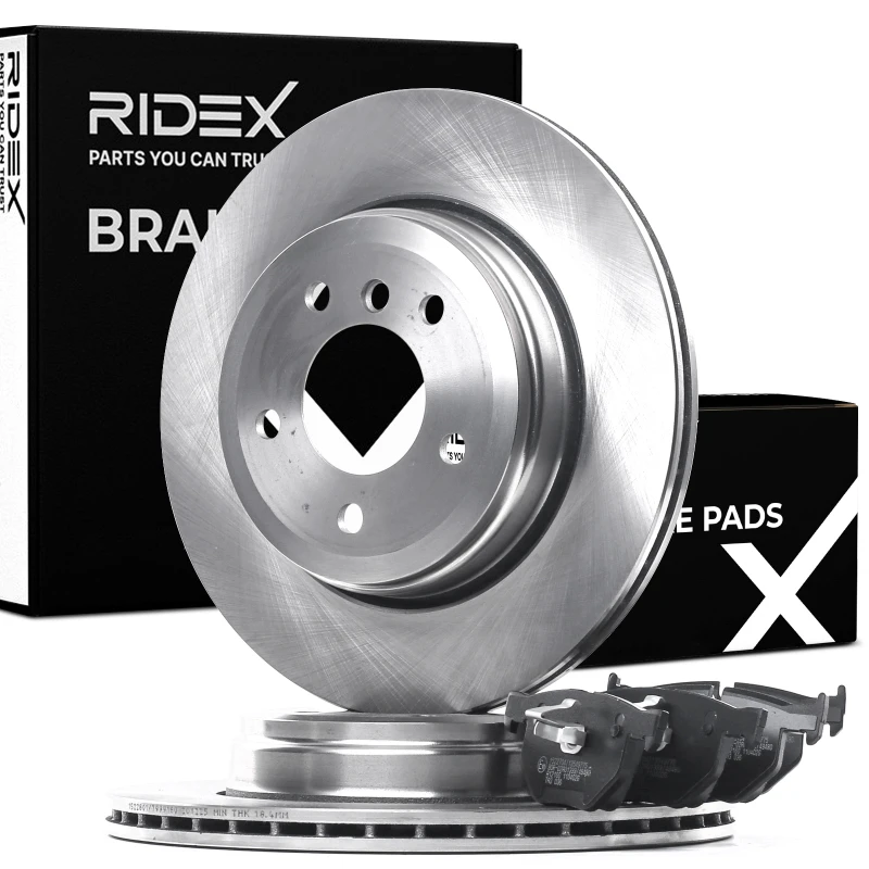 Image of RIDEX 3405B0382 Brake disc and pads set Rear Axle, Brake Disc Type: Vented, incl. wear warning contact Brake Set,disc brakes (3405)
