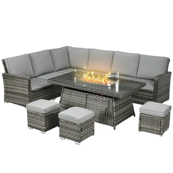 image of Outsunny 9-Seater PE Rattan Garden Furniture Set, 50,000 BTU Gas Fire Pit Table, Double Corner Sofa, 3 Footstools, Grey