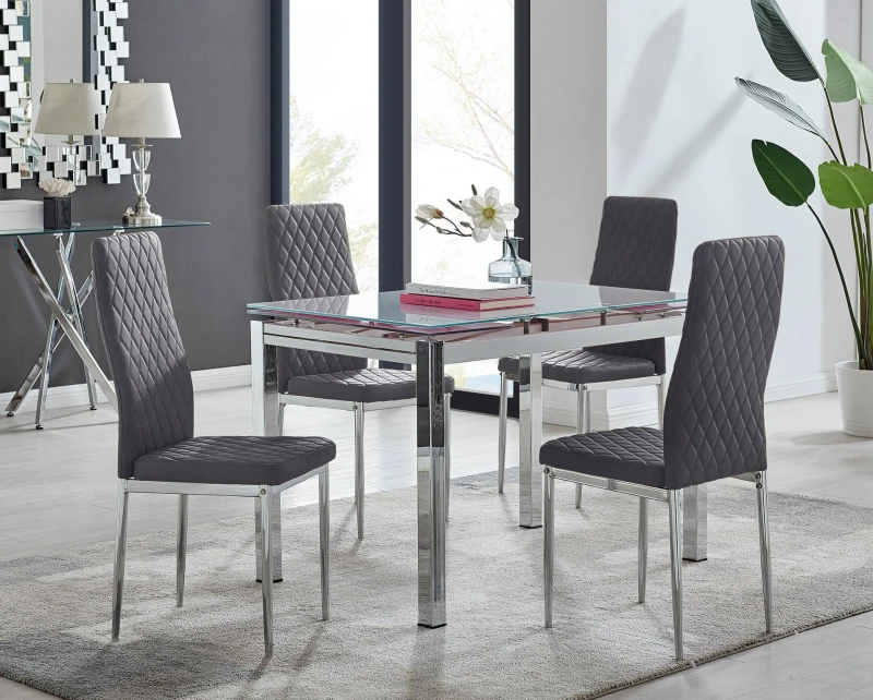 Image of FurnitureboxUK FurnitureboxUK Enna White Glass Extending 4-6 Seater Dining Table and 4 Milan Soft Velvet Chairs in Grey Grey One Size Unisex 505665714