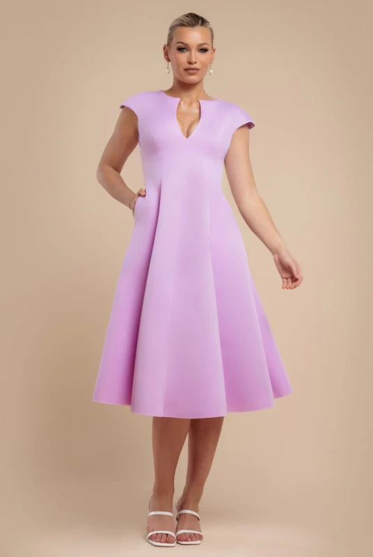 Image of Goddiva Womens Cap Sleeve Plunging V Neckline A-line Midi Dress in Lilac Size: 10 Lilac Female 10