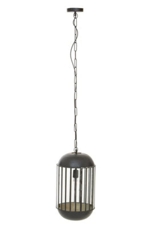 Image of Orsina Black Metal Pendant Light, Capsule Cage Frame With Clear Glass Panels, Handcrafted Hanging Light Fixture