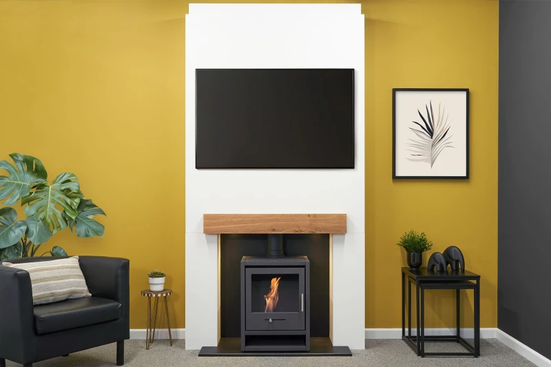 Image of Acantha Fires & Fireplaces Pre-Built Stove Media Wall 1 with OKO S1 Bio Ethanol Stove in Charcoal Grey in White White Unisex