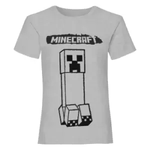 Image of Minecraft Girls Creeper Monochrome Heather T-Shirt (7-8 Years) (Heather Grey)