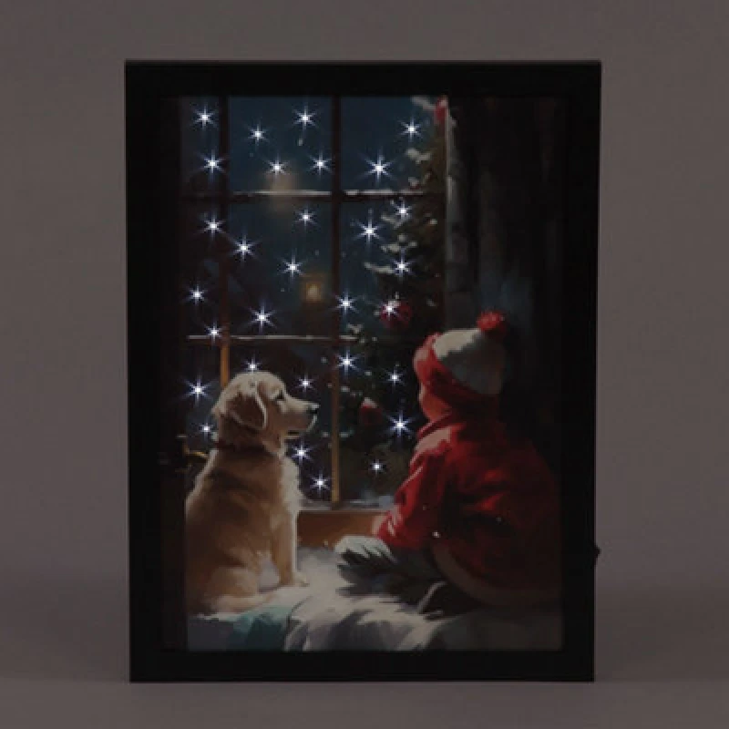 Image of Snowtime B/o F/o 30X40Cm Framed Canvas Puppy & Child