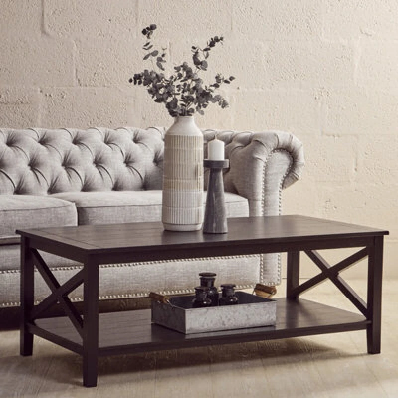 Image of Orsina Black Coffee Table, Wood Table For Coffee And Outdoor With Bottom Shelf, Pine Wood & Mdf Tea Table