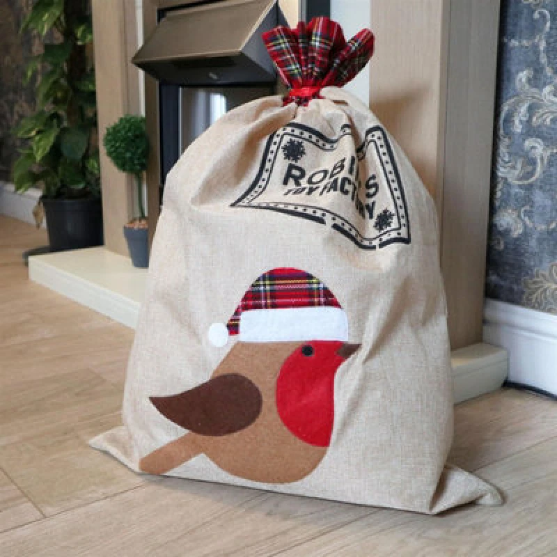 Image of Shatchi Large Santa Sack Stocking Printed Pattern Burlap Hessian Linen Xmas Sock Christmas Hanging Gift Bags Home Decorations Snow