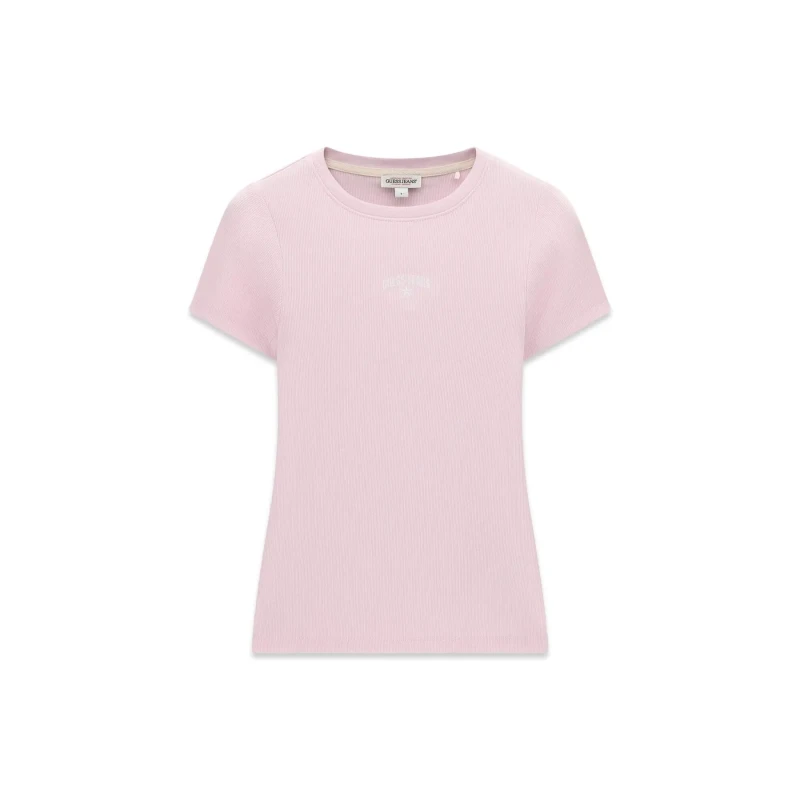 Image of Guess Ribbed Trim Embroidered T-Shirt Women Guess Violet Female S