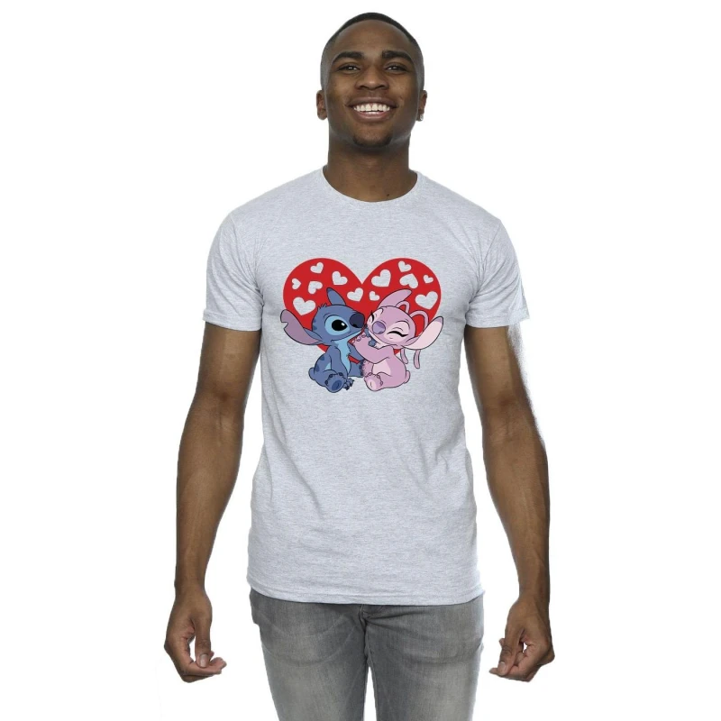 Image of Disney Men Lilo & Stitch Hearts T-Shirt in Grey Size: Small Grey S Male 5063153540460