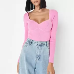 Missguided Rib Sweetheart Neck Seam Knit Bodysuit - Pink