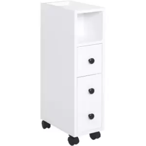 image of kleankin Slimline Bathroom Storage Unit w/ 2 Drawers 2 Open Compartments Wheels - White