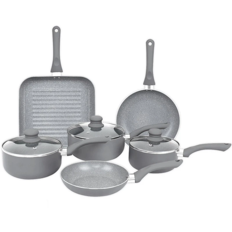 Image of Gr8 Home Aluminium 9 PC Grey Marble Non Stick Pan Set Induction Frying Grill Saucepan Pot Grey