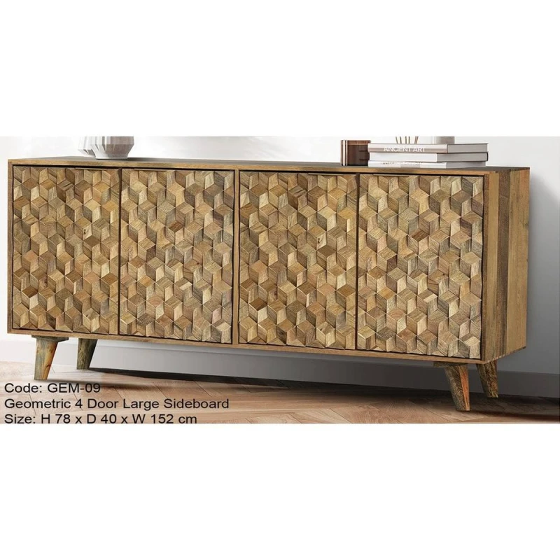 Image of Jaipur Furniture Ltd Geometric 4 Door Large Sideboard - Mango Wood - L40 x W152 x H78cm in Brown Brown Unisex