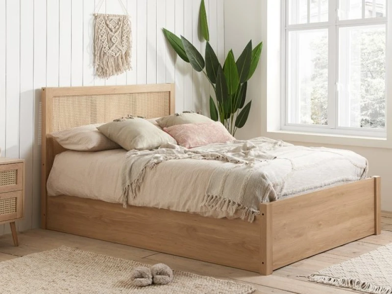 Image of Birlea Croxley 4ft6 Double Rattan and Oak Wooden Ottoman Bed Frame