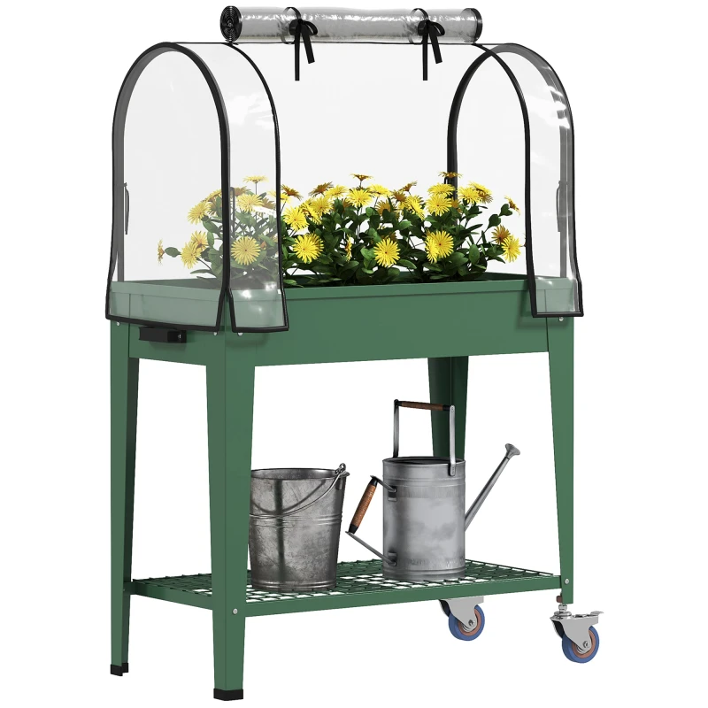 Image of Outsunny Raised Planter, Elevated Garden Bed with Greenhouse Cover, Wheels Green