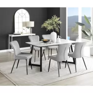 Image of Furniturebox UK - Furniturebox Carson White Marble Effect Rectangular 160cm Dining Table & 6 Light Grey Nora Black Leg Velvet Chairs
