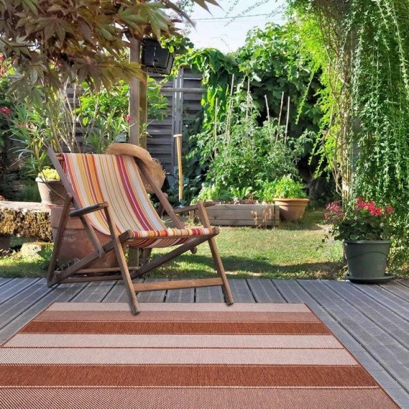 Image of THE RUGS Reversible Outdoor Rugs in Tonal Stripes Design Duo Weave Collection in Burnt Orange Size: 120cm x 170cm Burnt Orange Unisex 120cm x 170