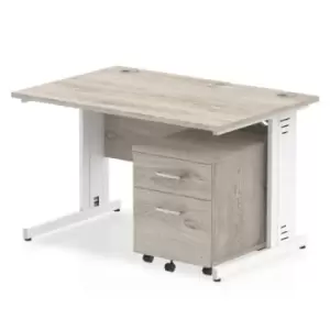 image of Impulse 1200 x 800mm Straight Office Desk Grey Oak Top White Cable Managed Leg Workstation 2 Drawer Mobile Pedestal