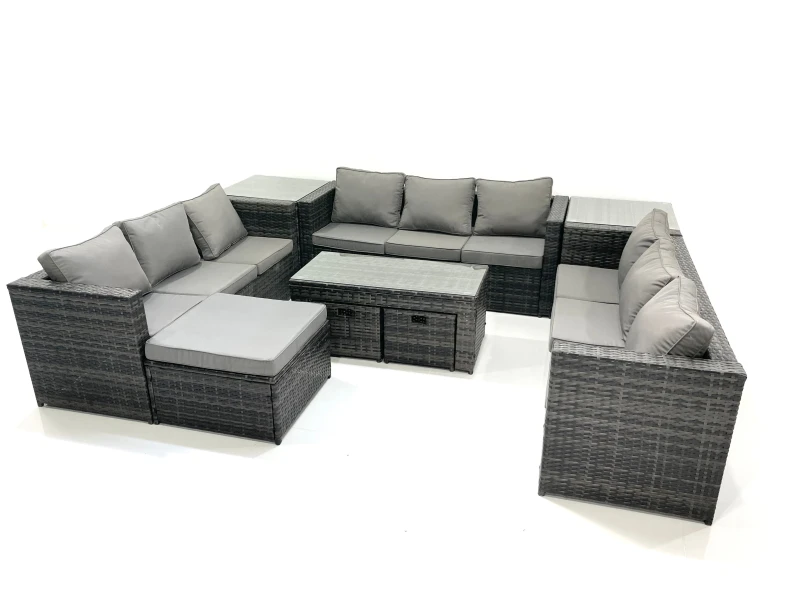 Image of Fimous Outdoor Garden Furniture Set 9 Pieces Rattan Sofa Set with Coffee Table 3 Footstools Side Table Dark Grey Mixed Dark Grey