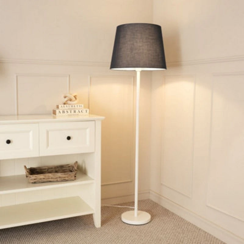 Image of ValueLights Charlie White Metal Single Stem Floor Lamp with Fabric Tapered Lamp Shade Black