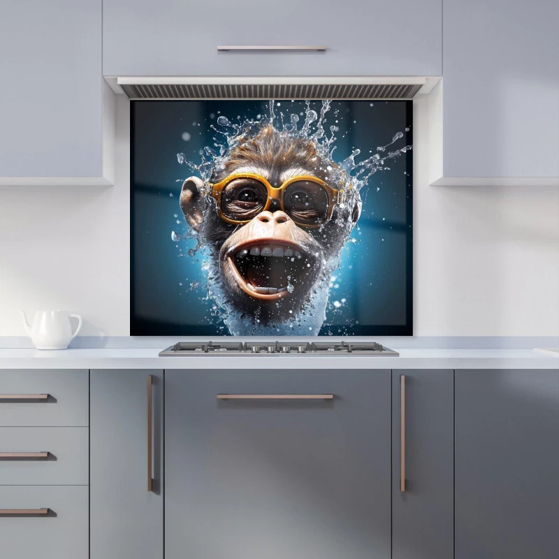 Image of Warren Reed - Designer Splashart Cheeky Chimp Face With Glasses Kitchen Splashback in Blue Size: 600mm x 750mm Blue Unisex 600mm x 750mm