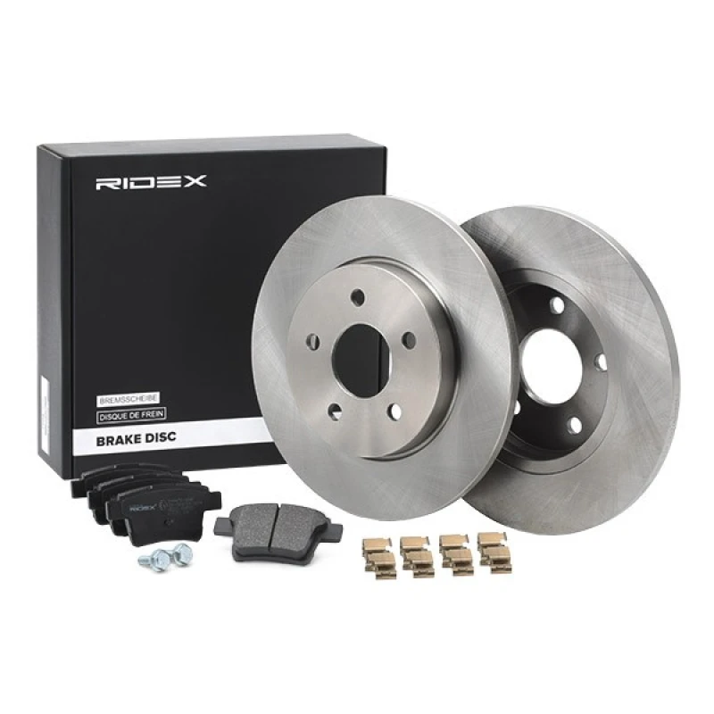 Image of RIDEX 3405B0072 Brake disc and pads set Rear Axle, Brake Disc Type: Solid, excl. wear warning contact Brake Set,disc brakes (3405)