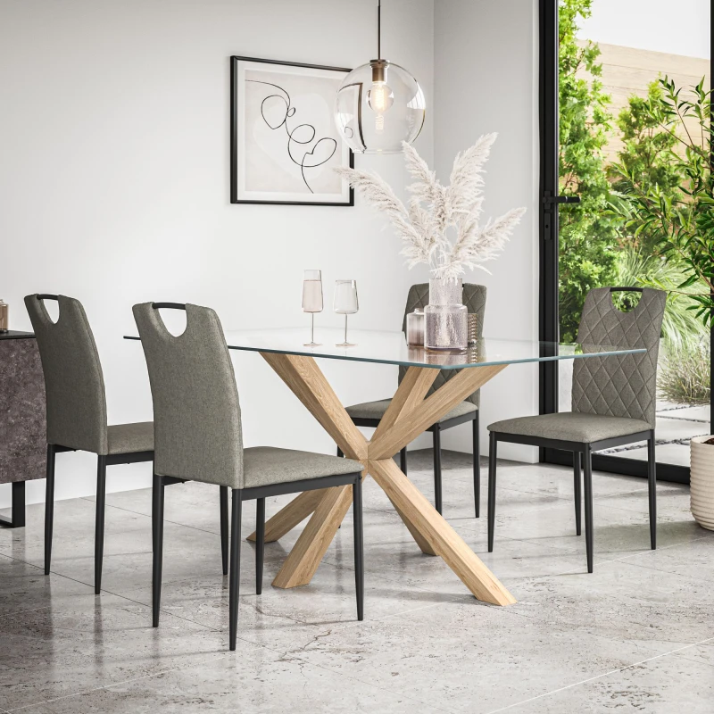 Image of More4Homes Etta Glass Dining Table And Chairs - Glass Top W Solid Oak Legs + Monza Fabric Dining Chair Set Of 4 (Grey)