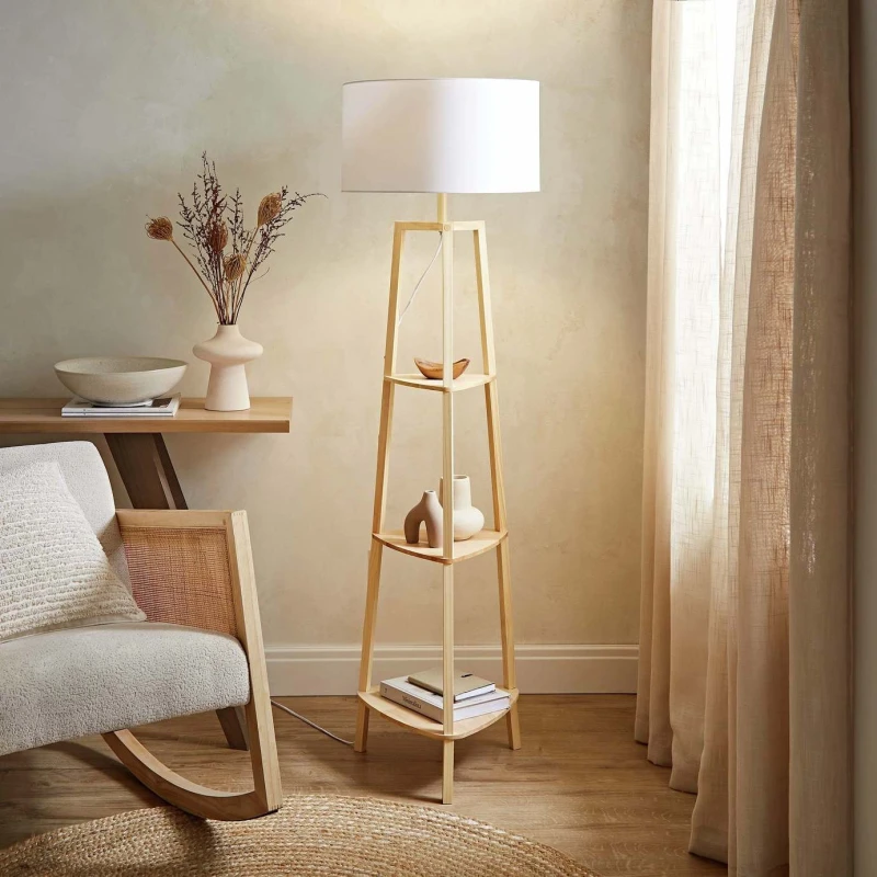 Image of ValueLights Hiru Natural 3 Tier Wooden Shelf Floor Lamp With Large White Shade Black