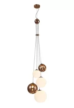 Image of Ceiling Cluster Pendant, 5 x G9, Antique Copper, Opal & Copper Glass