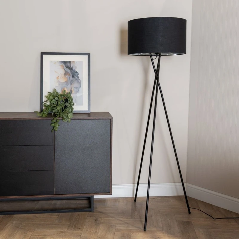 Image of ValueLights ValueLights Camden Black Metal Tripod Floor Lamp with Black & Chrome Lamp Shade Black One Size Unisex 5059406060809