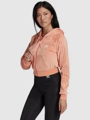 Image of adidas Originals Relaxed Risque Velour Crop Full Zip Hoodie, Blush, Size 10, Women