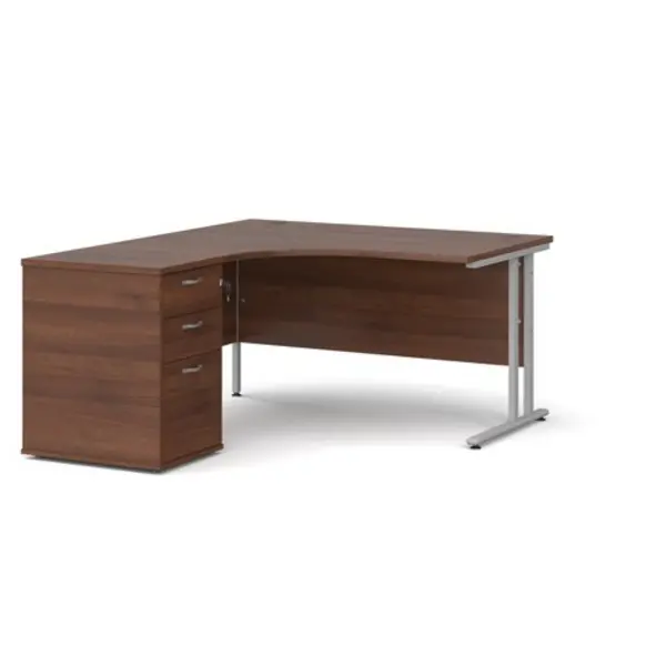 image of Office Desk Left Hand Corner Desk 1400mm With Pedestal Walnut Top With Silver Frame Maestro 25