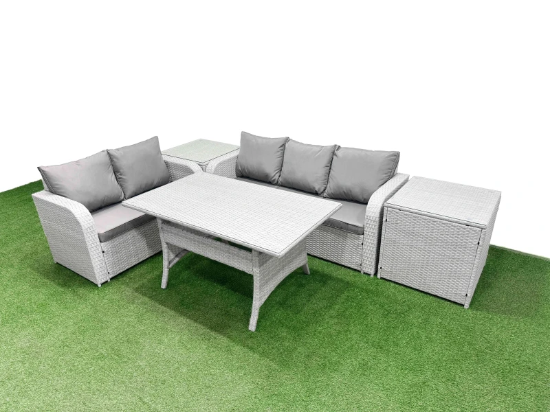 Image of Fimous 5 Seater PE Rattan Wicker Garden Furniture Patio Conservatory Sofa Set with Rectangular Dining Table 3 Seater Sofa Love Sofa 2 Side Table Light